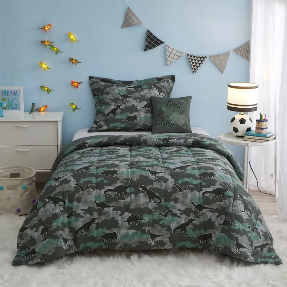 5Pc Dinosaur Glow in the Dark Comforter Set Bedding w/String Lights Blanket Camo